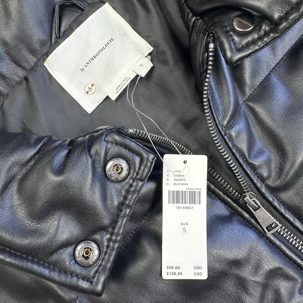 NWT Anthropologie Vest Black Faux Leather Quilted Puffer Full Zip Crop Women S - Picture 4 of 10